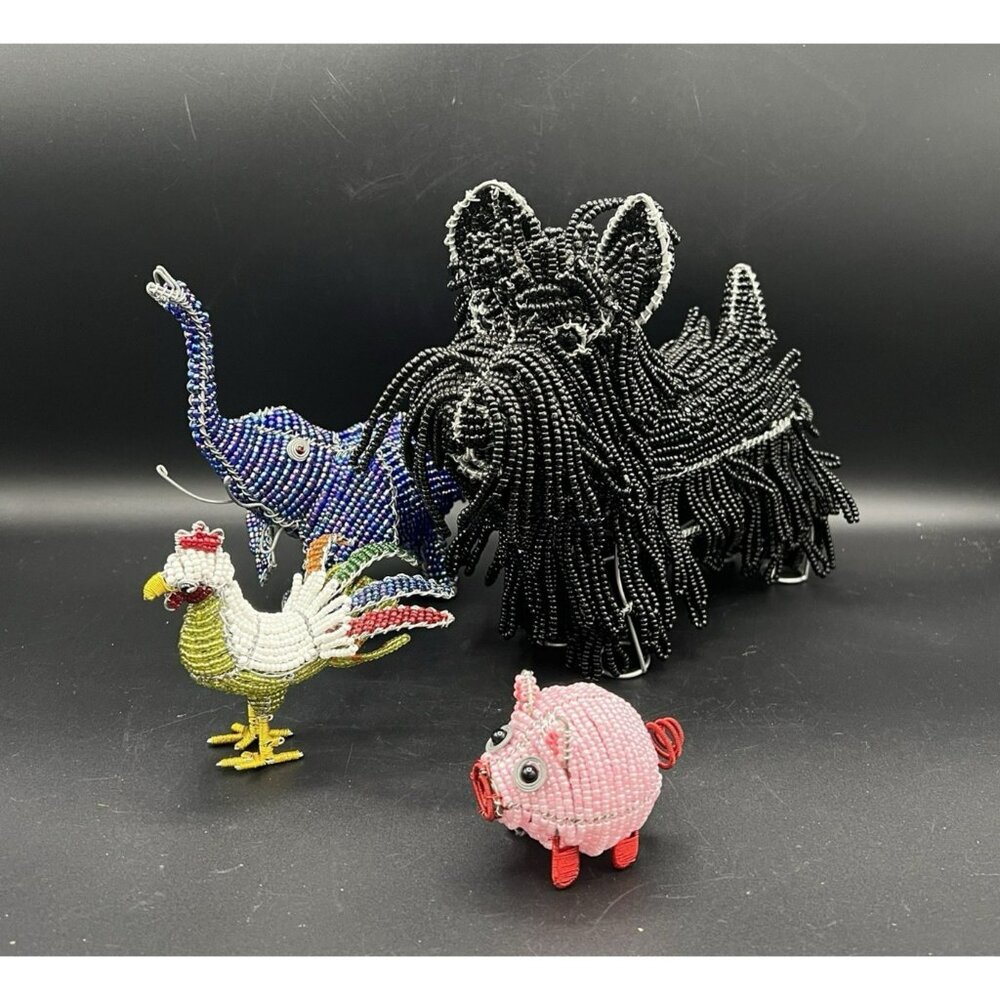 Beadworx By Grassroots Lot Of 4 Beaded Sculpture Dog Elephant Pig Rooster Farm